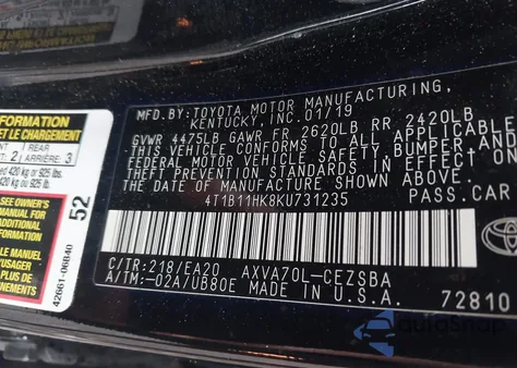 2019 Toyota Camry L/Le/Xle/Se/Xse from USA, damaged, VIN 4T1B11HK8KU731235
